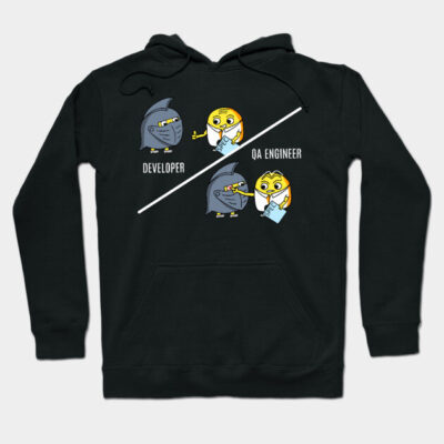 Black hoodie with playful developer and QA engineer cartoon design, featuring soft cotton material and cozy fit.