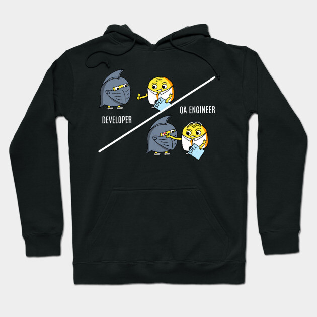 Black hoodie with playful developer and QA engineer cartoon design, featuring soft cotton material and cozy fit.