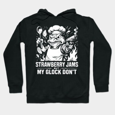 Black graphic hoodie with bold text and chef design, featuring "Strawberry Jams" phrase, casual wear, cotton material.