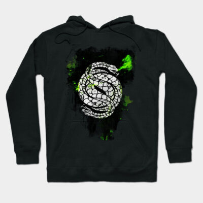 Black hoodie with white snake and green splatter design, suitable for casual wear, made from soft cotton blend.