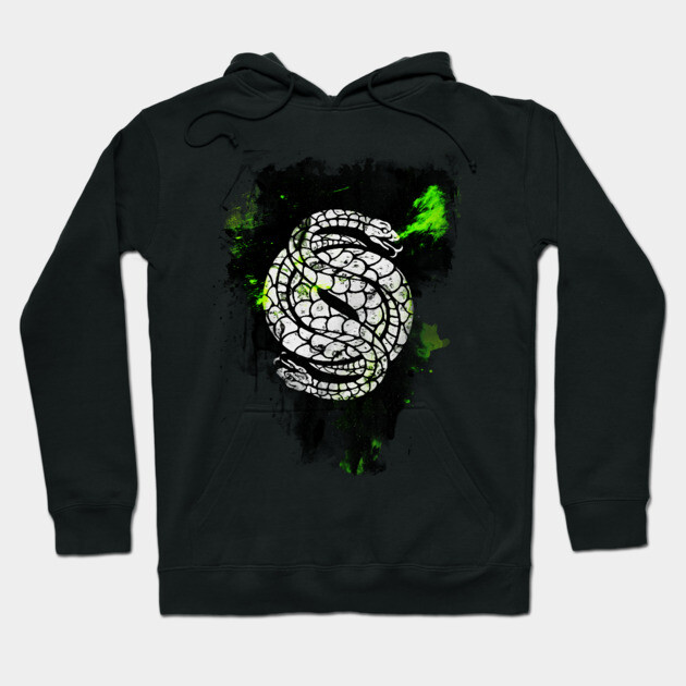 Black hoodie with white snake and green splatter design, suitable for casual wear, made from soft cotton blend.