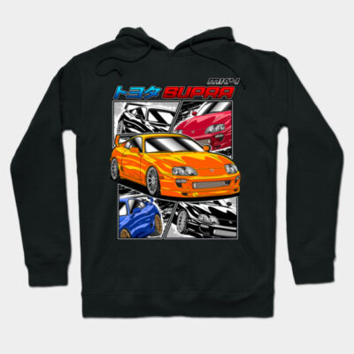 Black hoodie featuring vibrant car graphic design, showcasing orange, red, blue cars; perfect for car enthusiasts.