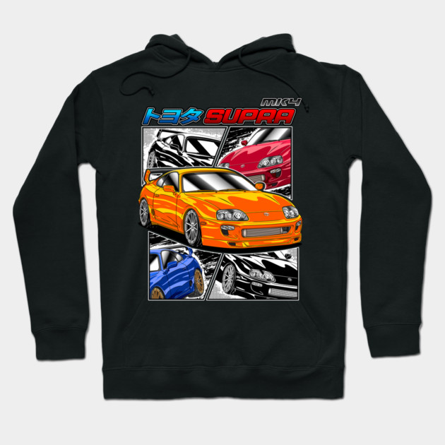 Black hoodie featuring vibrant car graphic design, showcasing orange, red, blue cars; perfect for car enthusiasts.