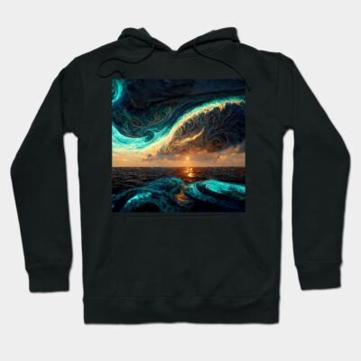 Black hoodie featuring an abstract ocean sunset design, perfect for casual wear, made from soft, durable material.