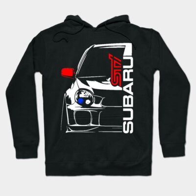 Black hoodie with Subaru STI car design, featuring bold graphics. Ideal for car enthusiasts, soft cotton material.