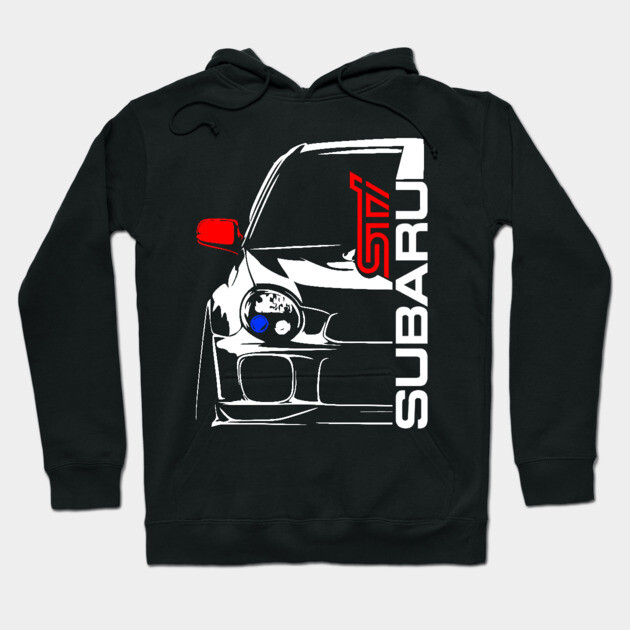 Black hoodie with Subaru STI car design, featuring bold graphics. Ideal for car enthusiasts, soft cotton material.
