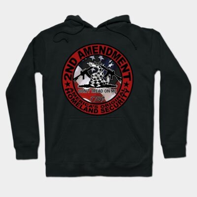 Black hoodie with 2nd Amendment graphic, featuring red and white details, casual style, cotton material.