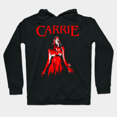 Black hoodie with red graphic and text design, featuring horror theme. Cozy cotton material, ideal for casual wear.