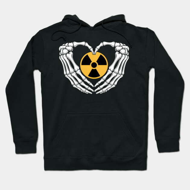 Black hoodie with skeleton hands heart design and yellow radiation symbol, casual style, cotton blend material.