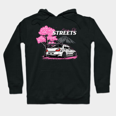 Black hoodie featuring street racing car with cherry blossom and mountain graphic, ideal for casual wear.