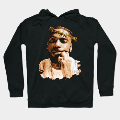 Black hoodie with artistic portrait print, featuring a relaxed fit and drawstring hood, ideal for casual wear.
