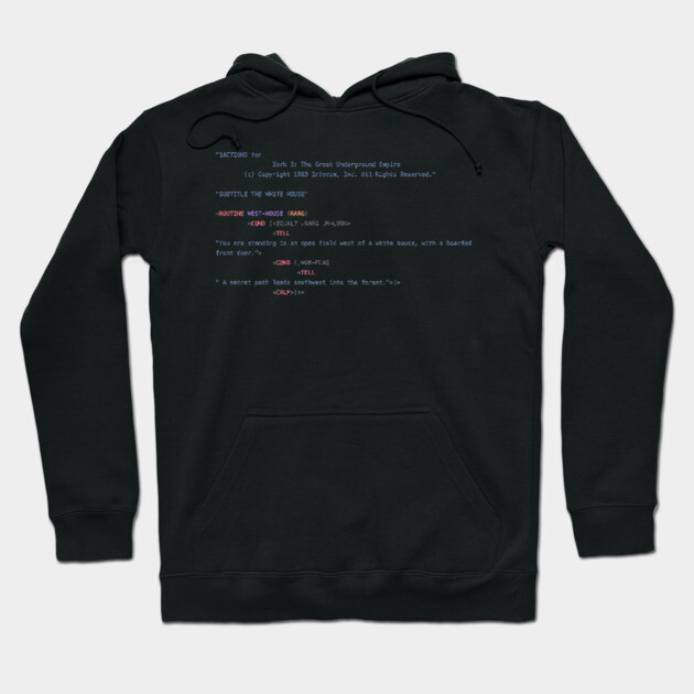 Black hoodie with code print, made from soft cotton, perfect for casual wear and tech enthusiasts.