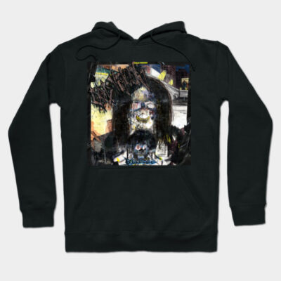 Black graphic hoodie featuring urban artwork design, perfect for casual wear. Made from soft, comfortable material.