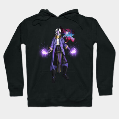 Black hoodie featuring a fantasy character design with purple energy, perfect for casual wear.