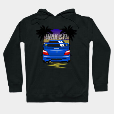 Black hoodie featuring a blue sports car graphic with palm trees, perfect for casual wear and car enthusiasts.