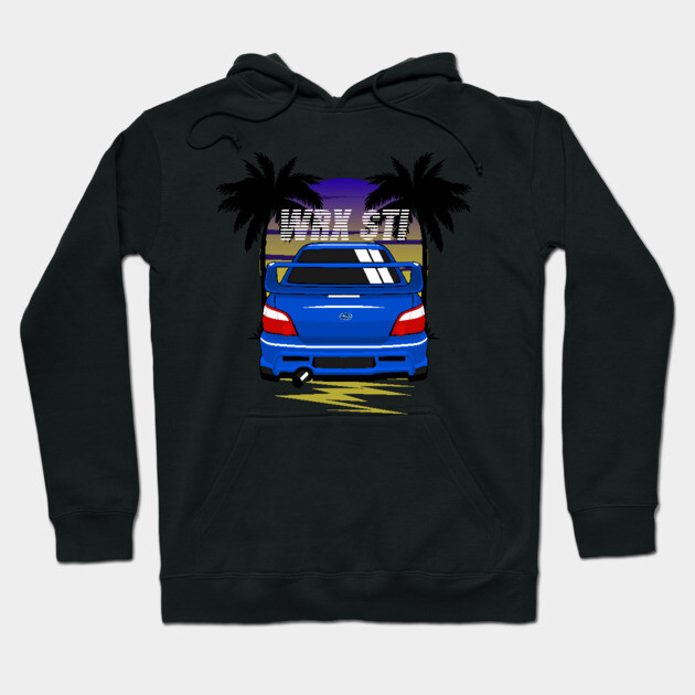 Black hoodie featuring a blue sports car graphic with palm trees, perfect for casual wear and car enthusiasts.