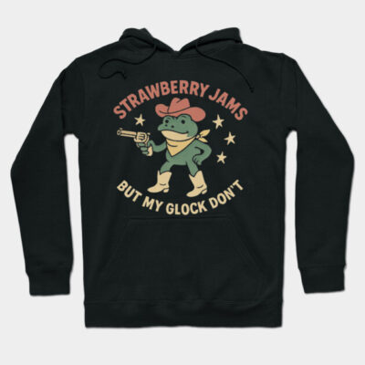 Black hoodie with playful frog and text graphic, featuring cowboy theme. Casual wear, soft material, unisex design.