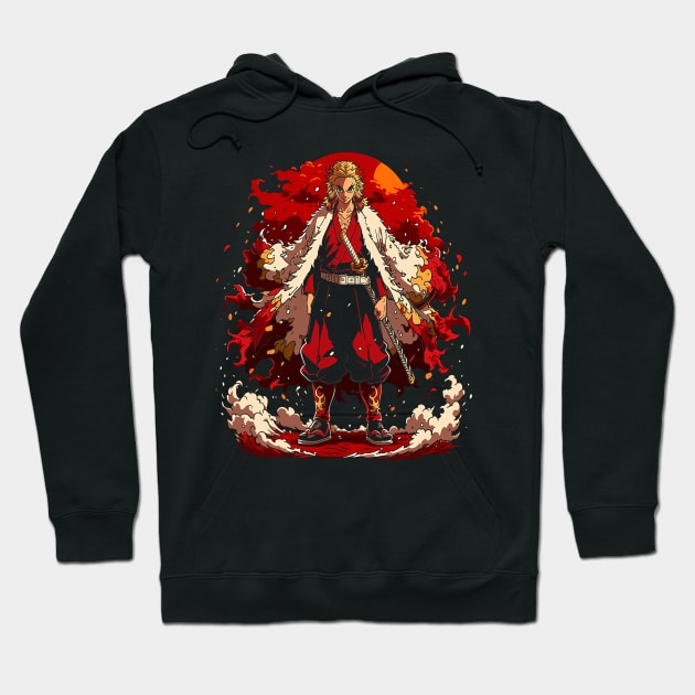 Black anime-themed hoodie with vibrant red and orange graphic design, perfect for casual wear or fan events.