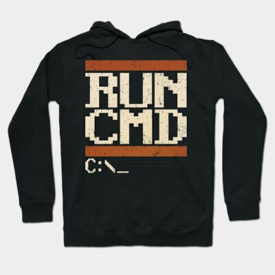 Black hoodie with "RUN CMD" text design, casual style, cotton material, ideal for tech enthusiasts and everyday wear.