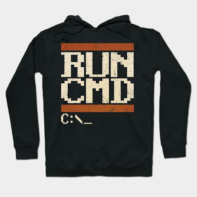 Black hoodie with "RUN CMD" text design, casual style, cotton material, ideal for tech enthusiasts and everyday wear.