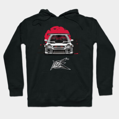 "Black hoodie with vintage car graphic, red accents, sporty style, cozy cotton material, ideal for casual wear."