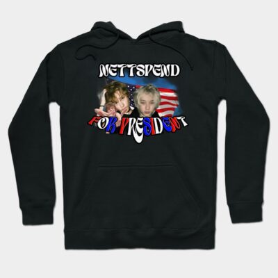 Black hoodie with "Nettspend for President" design, featuring colorful text and graphics. Perfect for casual wear.