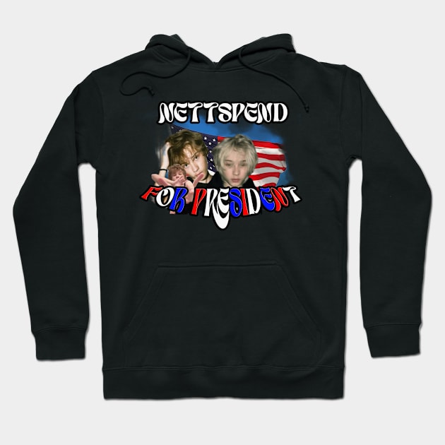 Black hoodie with "Nettspend for President" design, featuring colorful text and graphics. Perfect for casual wear.