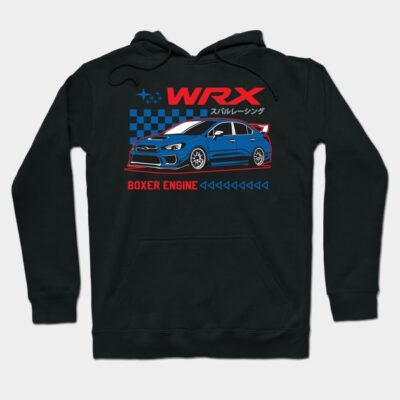 Black hoodie with blue car graphic and red WRX text, featuring sporty design and comfortable fit for casual wear.