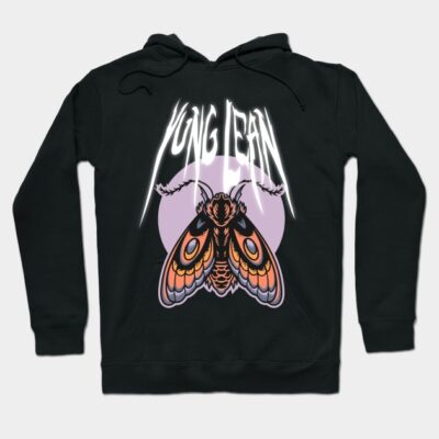 Black hoodie with moth graphic and text design, featuring a relaxed fit, perfect for casual wear.