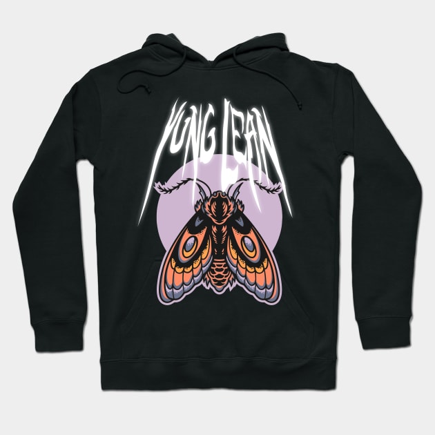 Black hoodie with moth graphic and text design, featuring a relaxed fit, perfect for casual wear.