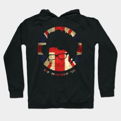 Black hoodie with Union Jack design and glasses graphic, features number print, ideal for casual wear and comfort.