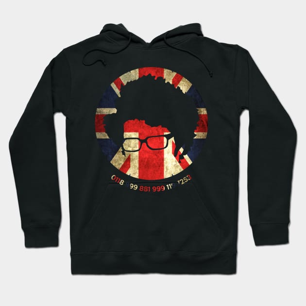 Black hoodie with Union Jack design and glasses graphic, features number print, ideal for casual wear and comfort.