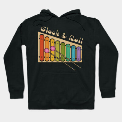 Black hoodie with colorful xylophone graphic and "Glock & Roll" text, made from soft cotton blend for casual wear.