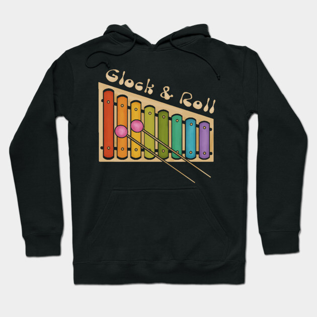 Black hoodie with colorful xylophone graphic and "Glock & Roll" text, made from soft cotton blend for casual wear.