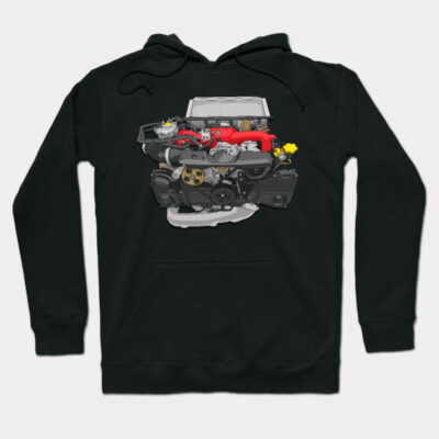 Black hoodie with colorful car engine illustration, casual style, cotton blend, perfect for car enthusiasts.