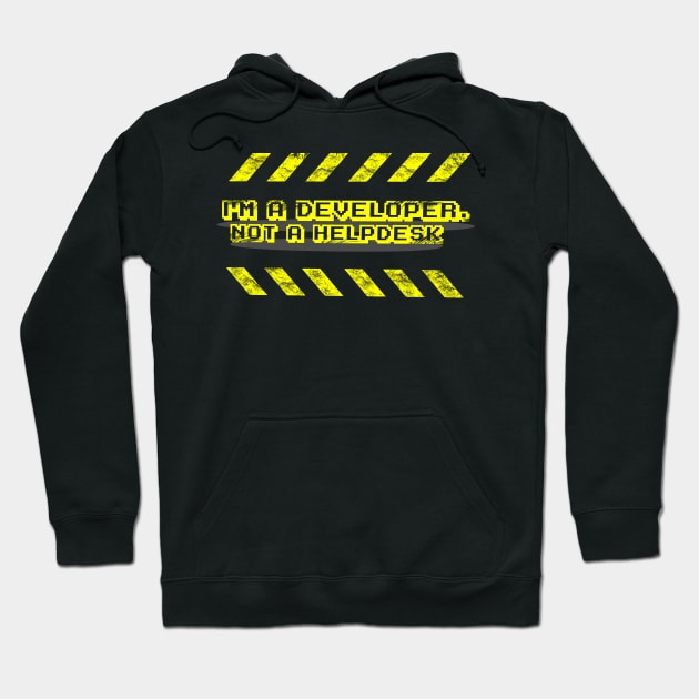 Black hoodie with yellow text "I'm a Developer, Not a Helpdesk," casual style, cotton material, unisex design.