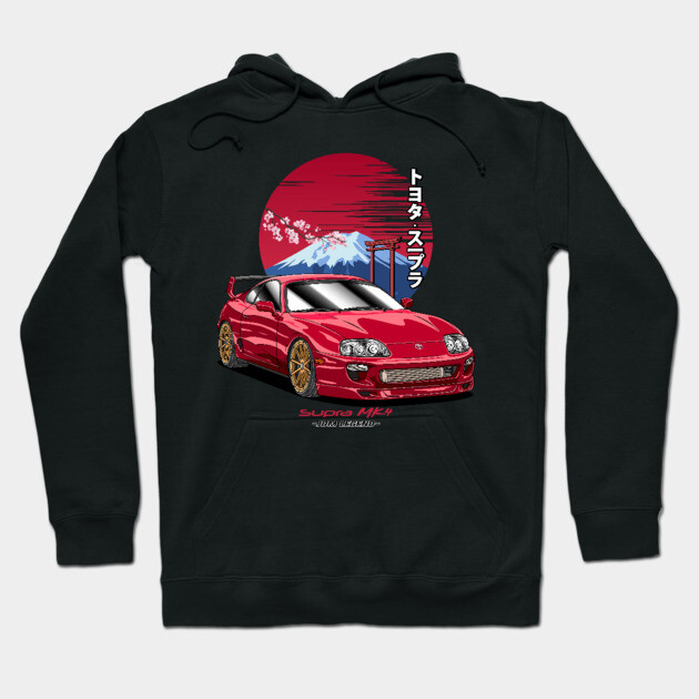 Black hoodie with red sports car graphic, Japanese text, and mountain design, perfect for casual wear.