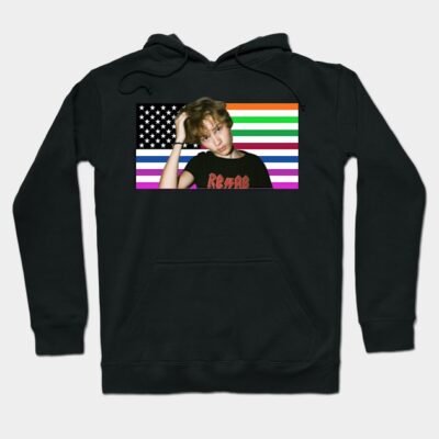 Black hoodie with colorful flag print and "Rehab" text, casual style, comfortable cotton blend, unisex design.