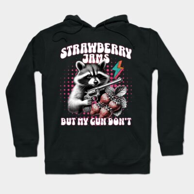 Black hoodie with raccoon, strawberries, and text design. Fun and quirky style, perfect for casual wear.