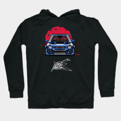 Black hoodie with blue car graphic and red accents, casual streetwear style, featuring front pocket and drawstring hood.