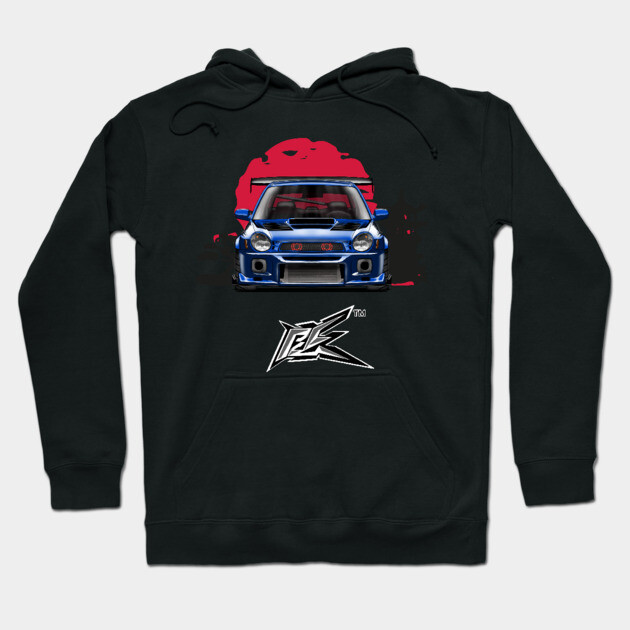 Black hoodie with blue car graphic and red accents, casual streetwear style, featuring front pocket and drawstring hood.