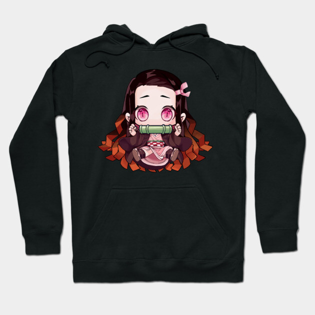 Black anime hoodie with cute chibi design, long sleeves, soft cotton material, perfect for casual wear and fans.