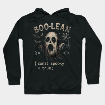 Black Halloween-themed hoodie with ghost and web design, text "Boo-Lean," perfect for spooky season wear.