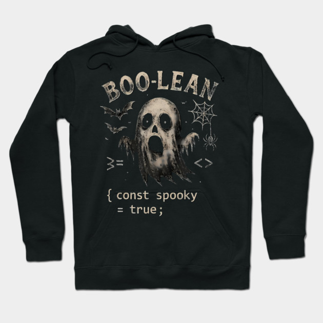 Black Halloween-themed hoodie with ghost and web design, text "Boo-Lean," perfect for spooky season wear.