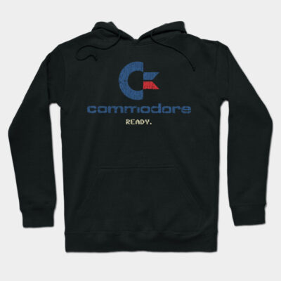 Black hoodie with vintage blue and red Commodore logo, cozy cotton material, perfect for casual wear.