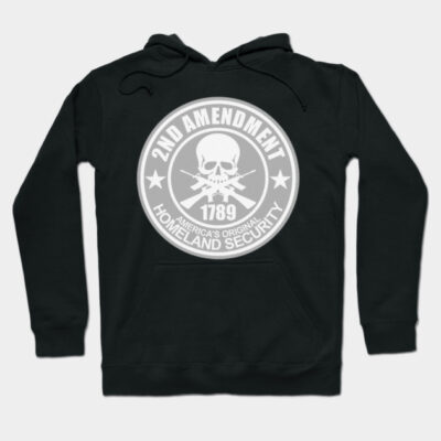 Black hoodie with "2nd Amendment" graphic, featuring skull and rifles design. Comfortable cotton blend for casual wear.