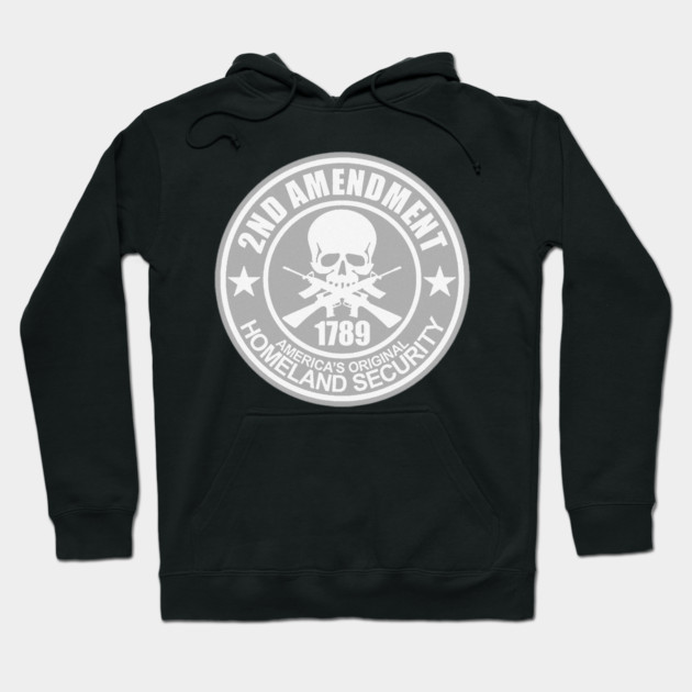 Black hoodie with "2nd Amendment" graphic, featuring skull and rifles design. Comfortable cotton blend for casual wear.