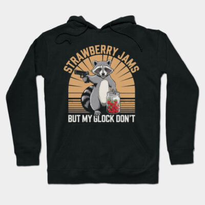 Black hoodie with raccoon graphic, "Strawberry Jams" text, casual wear, cotton blend, humorous design.