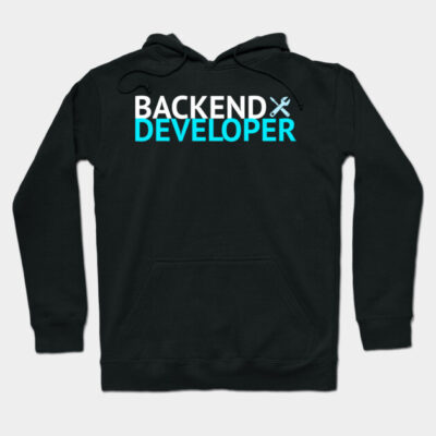 Black hoodie with "Backend Developer" text in white and teal, featuring a casual style ideal for tech enthusiasts.