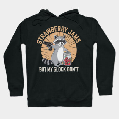 Black hoodie with raccoon graphic, "Strawberry Jams" text, casual style, cotton material, unisex sweatshirt.